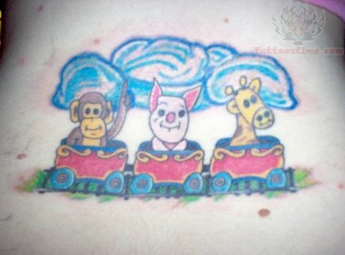 Cartoon Train Tattoo On Lowerback